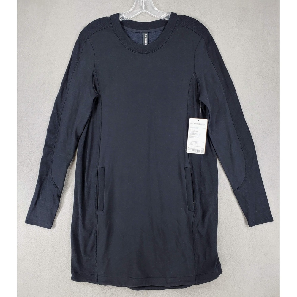 Athleta Balance Dress Sz M Black Stretch Long Sleeve French‎ Terry Pockets Comfy